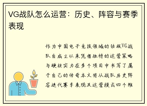 VG战队怎么运营：历史、阵容与赛季表现