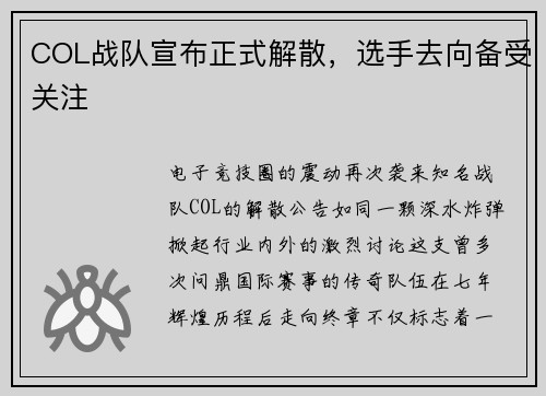COL战队宣布正式解散，选手去向备受关注