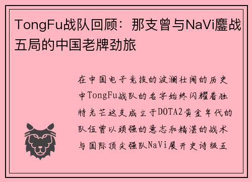 TongFu战队回顾：那支曾与NaVi鏖战五局的中国老牌劲旅